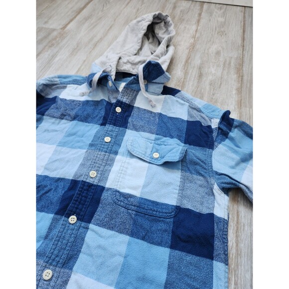American Eagle Super Soft Flannel Removable Hood Blue Plaid Drawstring Warm Sz L - Picture 2 of 8
